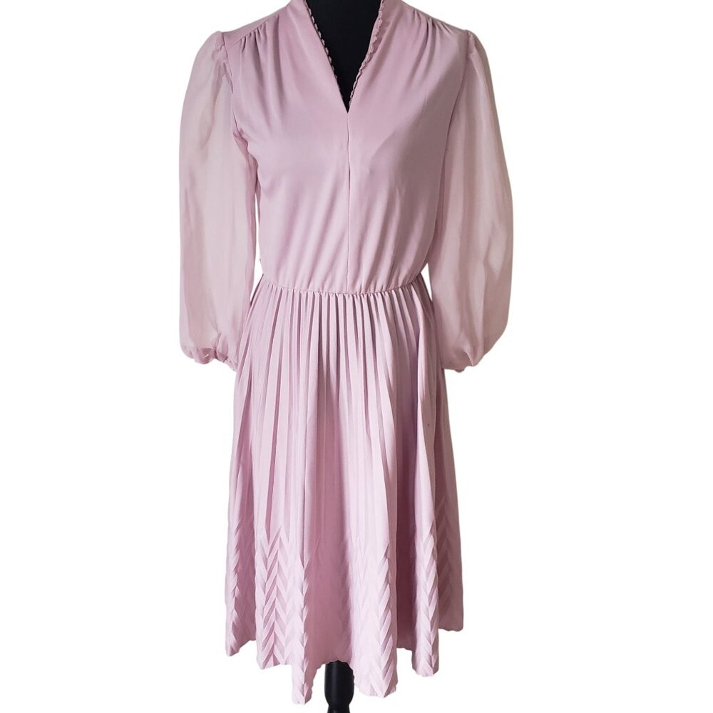 Vintage 70s Sears Womens  Pink Accordion Pleated Sheer Long Sleeve Dress Size 10